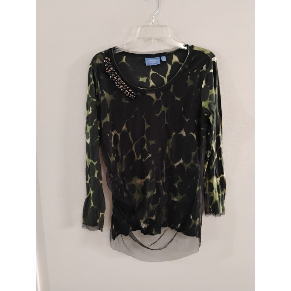 Simply Vera Vera Wang Green Black Abstract Print Mesh Layered Studded Top Large